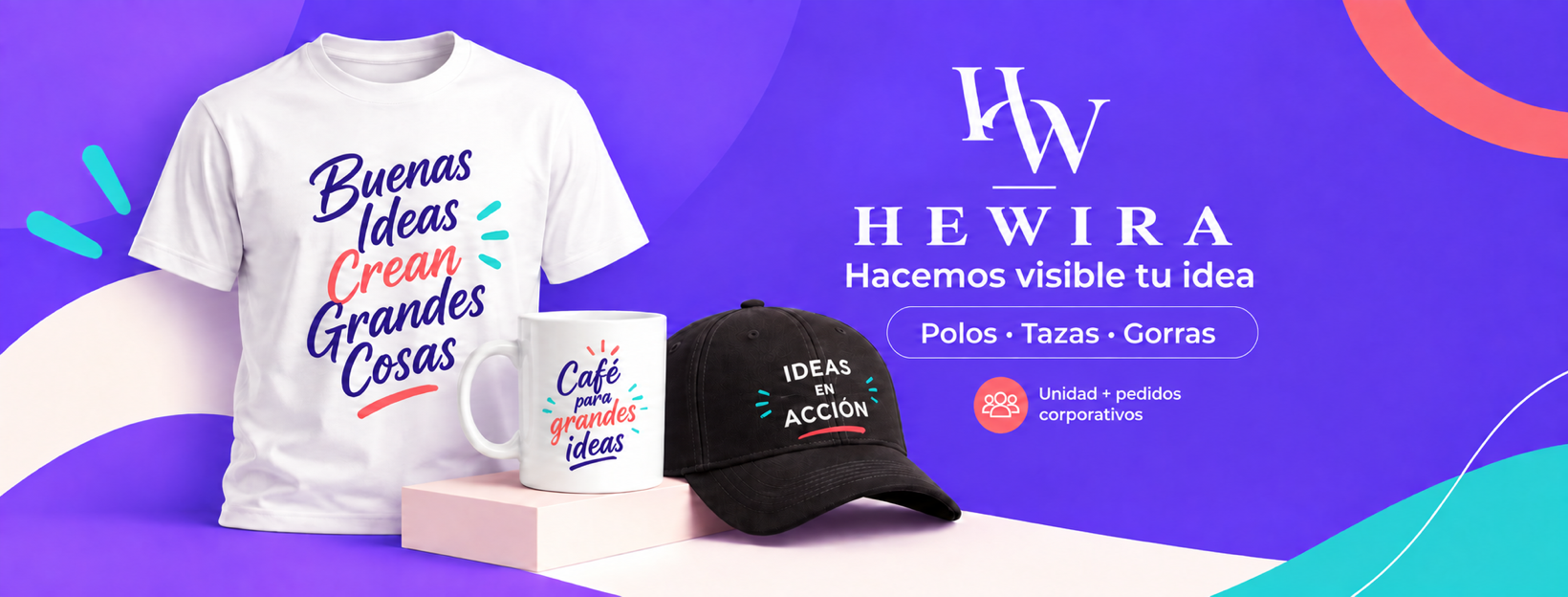 Polos, tazas y gorras personalizados junto al logo oficial HW de Hewira